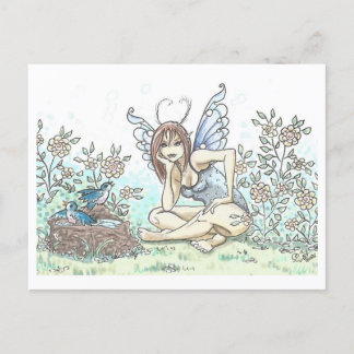 Bluebird Bath Fairy Illustration Art Print Postkarte