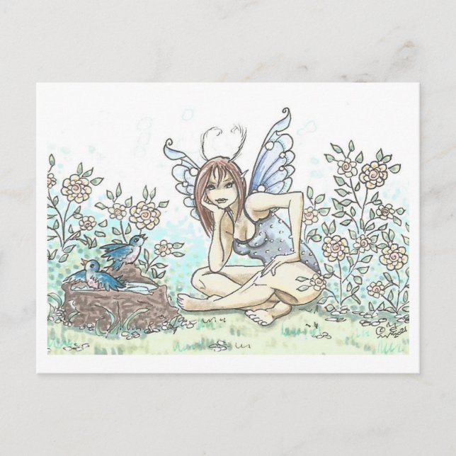 Bluebird Bath Fairy Illustration Art Print Postkarte (Vorderseite)