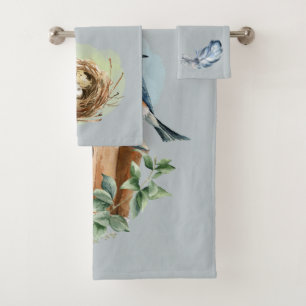 Bluebird Birdhouse Nest Feather Blue und Green Badhandtuch Set