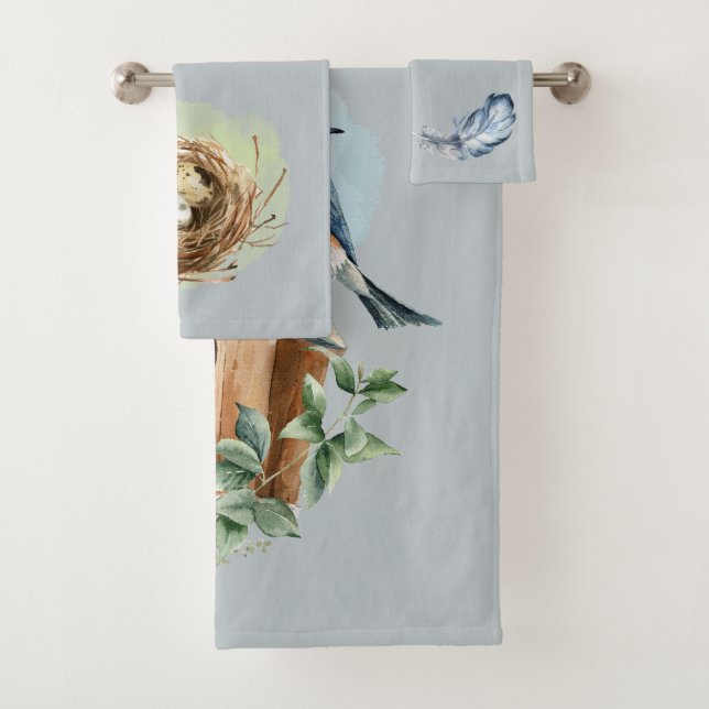 Bluebird Birdhouse Nest Feather Blue und Green Badhandtuch Set (Insitu)