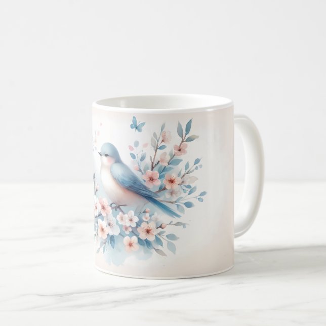 Bluebird Blossom Watercolor Serenity Kaffeetasse (VorderseiteRechts)