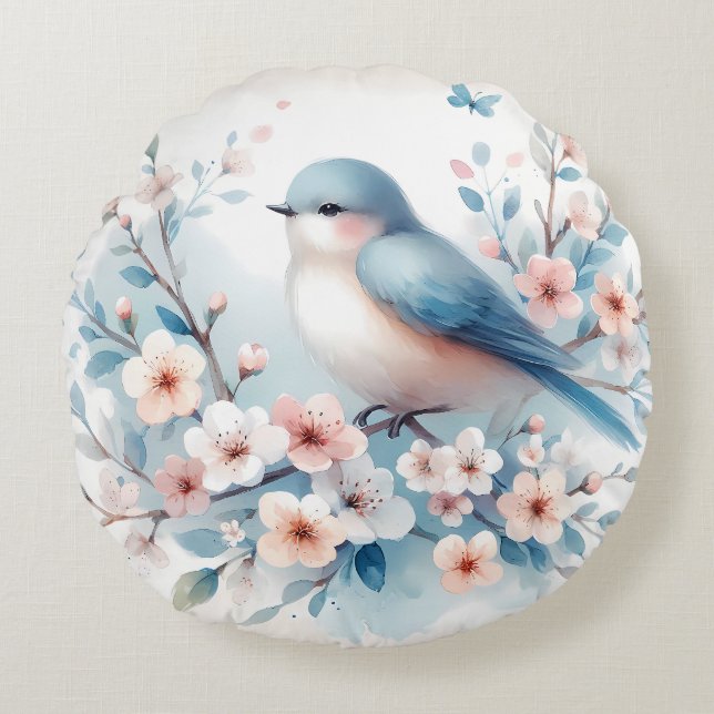 Bluebird Blossom Watercolor Serenity Rundes Kissen (Vorderseite)