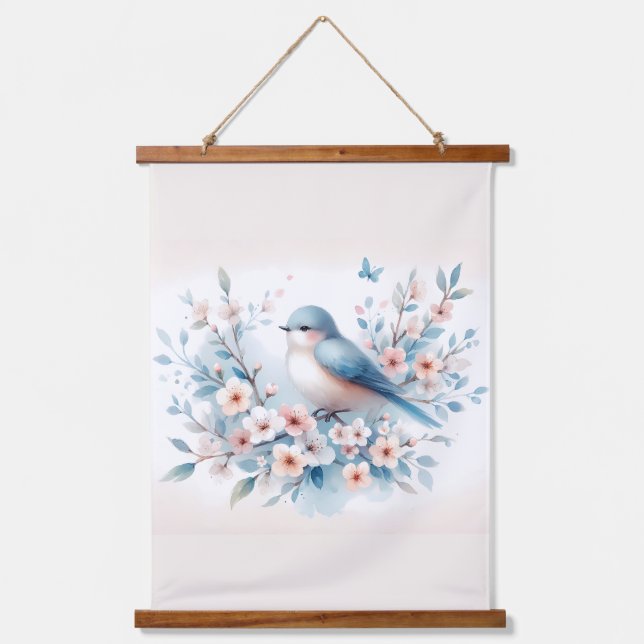 Bluebird Blossom Watercolor Serenity Wandteppich Mit Holzrahmen (Vorderseite)