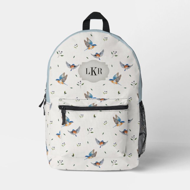 Bluebird & Blueberry Muster 3-Buchstaben-Monogramm Bedruckter Rucksack (Vorderseite)
