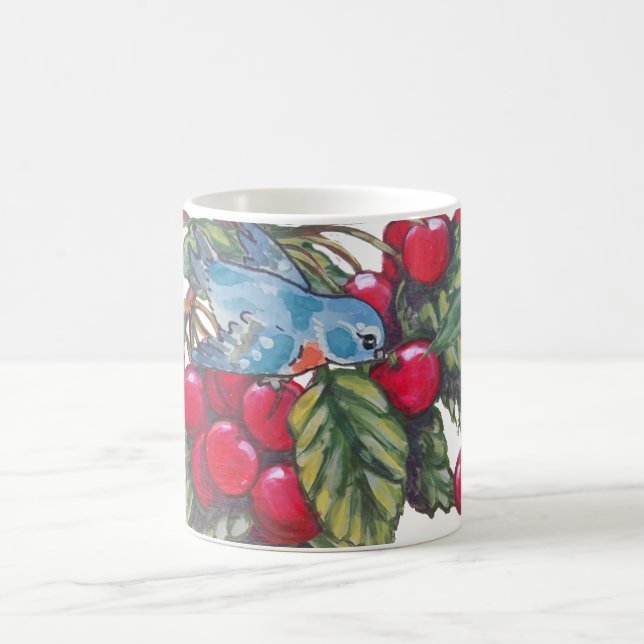 Bluebird Cherries Red Blue Blätter Fruchtsommer Kaffeetasse (Mittel)
