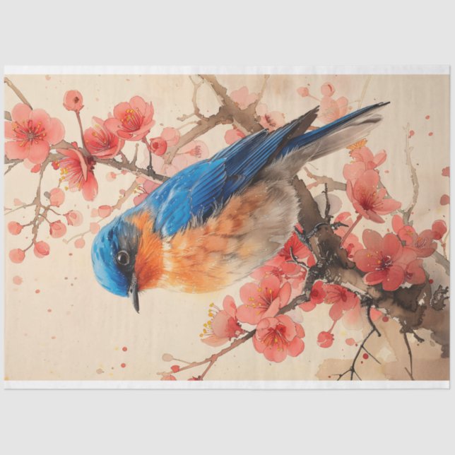 Bluebird Cherry Blossom Tree Malerei Decoupage Seidenpapier (Vorderseite)