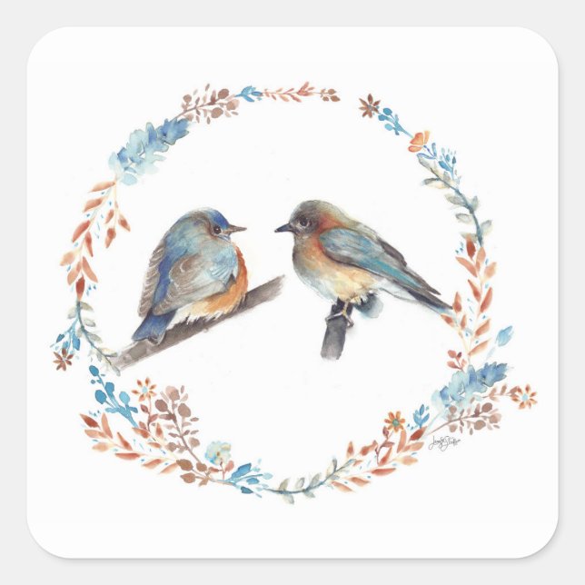 Bluebird Couple Floral Wreath Quadratischer Aufkleber (Vorderseite)