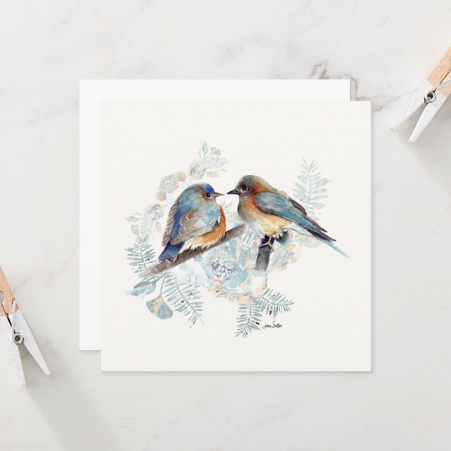 Bluebird Couple Watercolor Note Card (Beautiul Watercolor Bluebird Couple Square Blank Note Cards from Jenn Steffen Art)