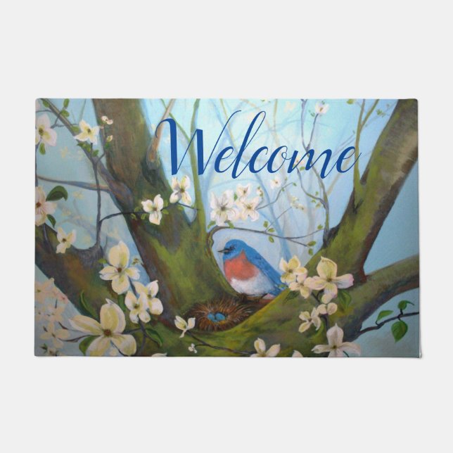 Bluebird Floral Watercolor Willkommen Fußmatte (Vorderseite)