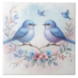 Bluebird Harmony on a Floral Perch Keramik Tile Fliese