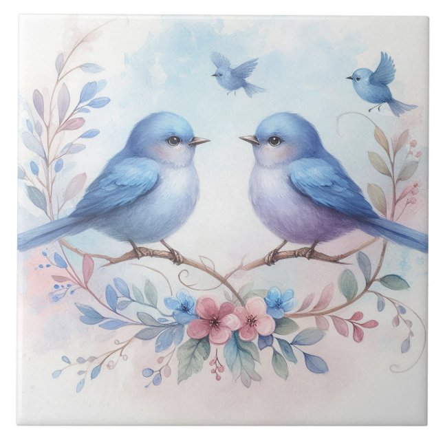 Bluebird Harmony on a Floral Perch Keramik Tile Fliese (Vorderseite)