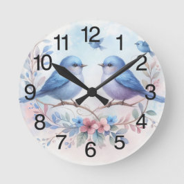 Bluebird Harmony on a Floral Perch Runde Wanduhr