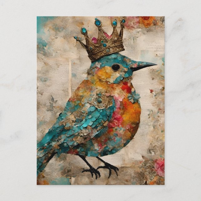Bluebird in einer Crown Mixed Media Collage Postkarte (Vorderseite)
