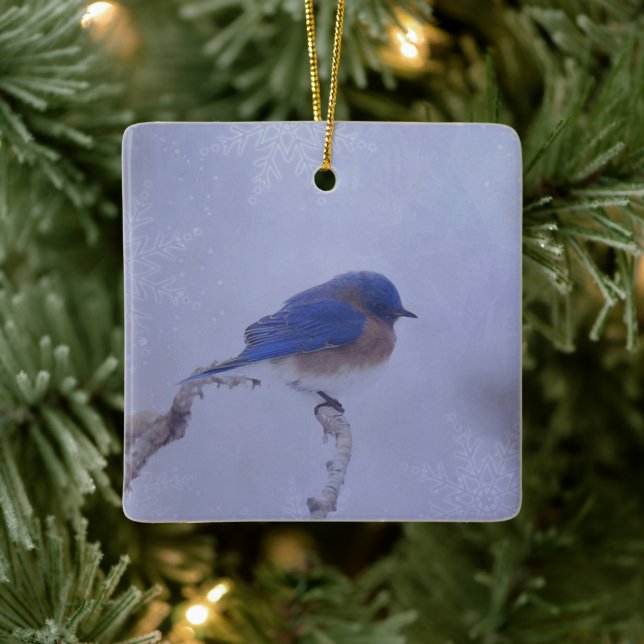 Bluebird in Snowy Winter Trees - Urlaub Keramikornament (Baum)