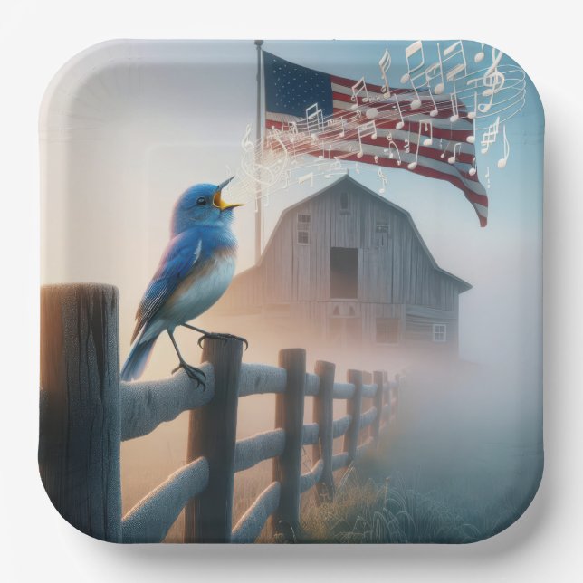 Bluebird mit amerikanischer Flagge singen Pappteller (Vorderseite)