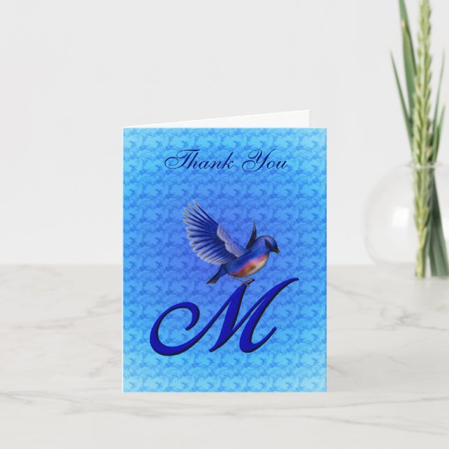 Bluebird Monogram Initial M Elegant Dankeskarte (Vorderseite)