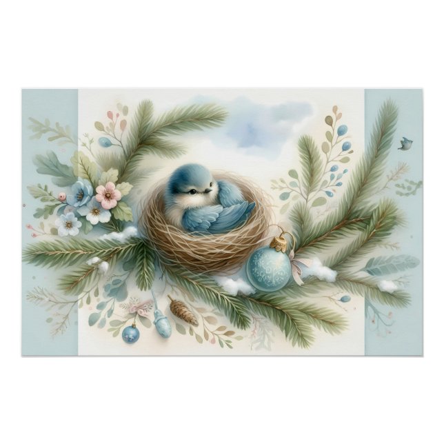 Bluebird Nest mit Ornamenten im Winter Pines Poster (Vorderseite)