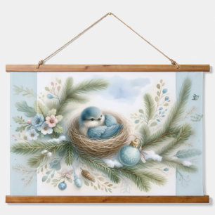 Bluebird Nest mit Ornamenten im Winter Pines Wandteppich Mit Holzrahmen