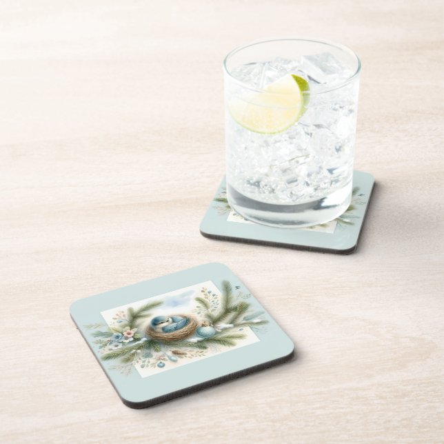 Bluebird Nest with Ornaments in Winter Pines Getränkeuntersetzer (Rechte Seite)