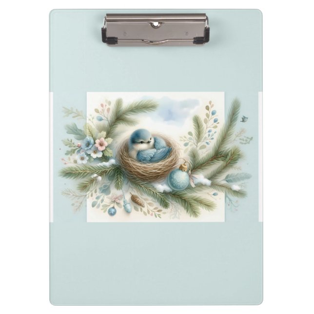 Bluebird Nest with Ornaments in Winter Pines  Klemmbrett (Vorderseite)