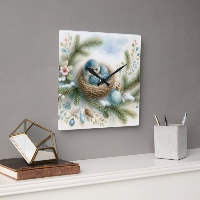 Bluebird Nest with Ornaments in Winter Pines Quadratische Wanduhr (Büro)