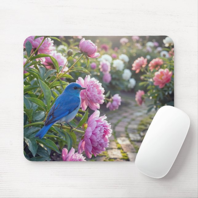 Bluebird On a Pink Peony Mousepad (Mit Mouse)