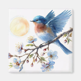 Bluebird on Blossom Branch Square Magnet
