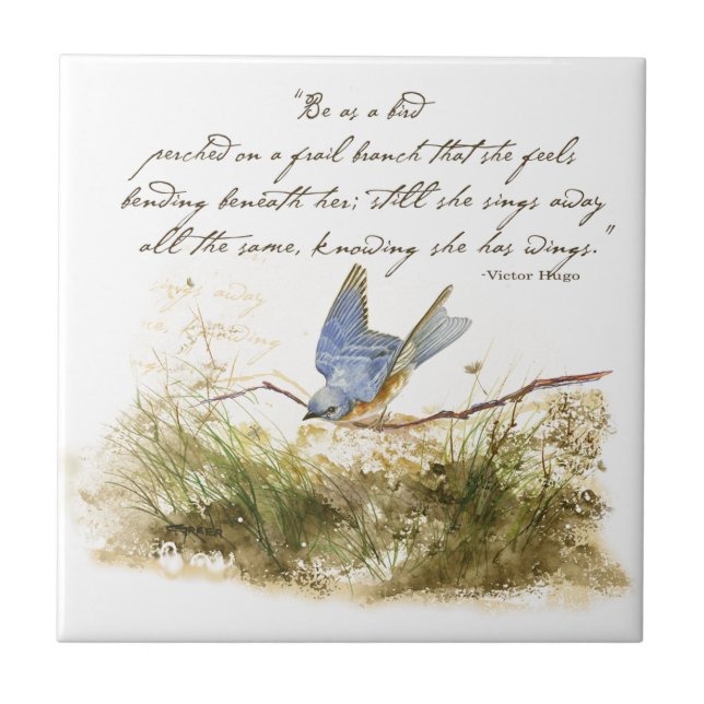 Bluebird on Branch Inspiration Gedicht Wasserfarbe Fliese (Vorderseite)