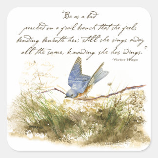 Bluebird on Branch Inspiration Gedicht Wasserfarbe Quadratischer Aufkleber