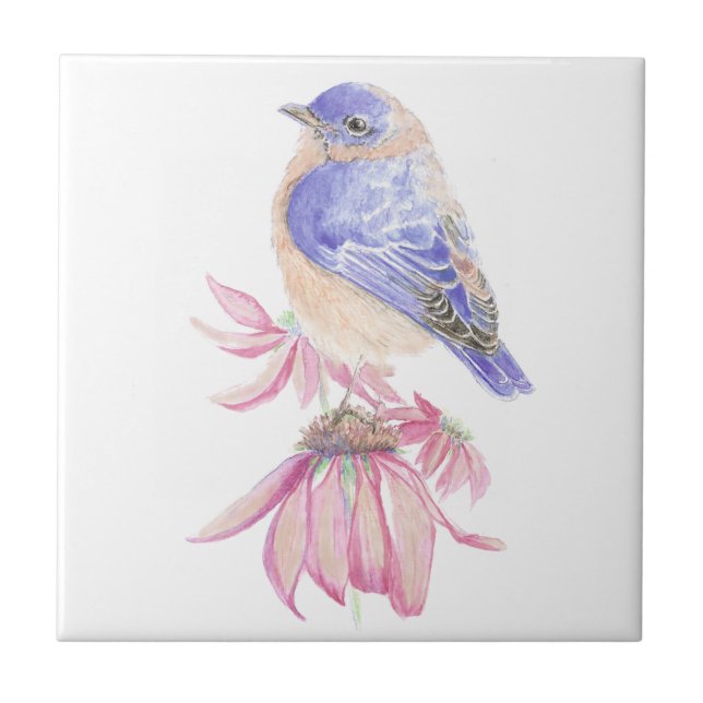 Bluebird Rosa Blume Vogelkunst Fliese (Vorderseite)