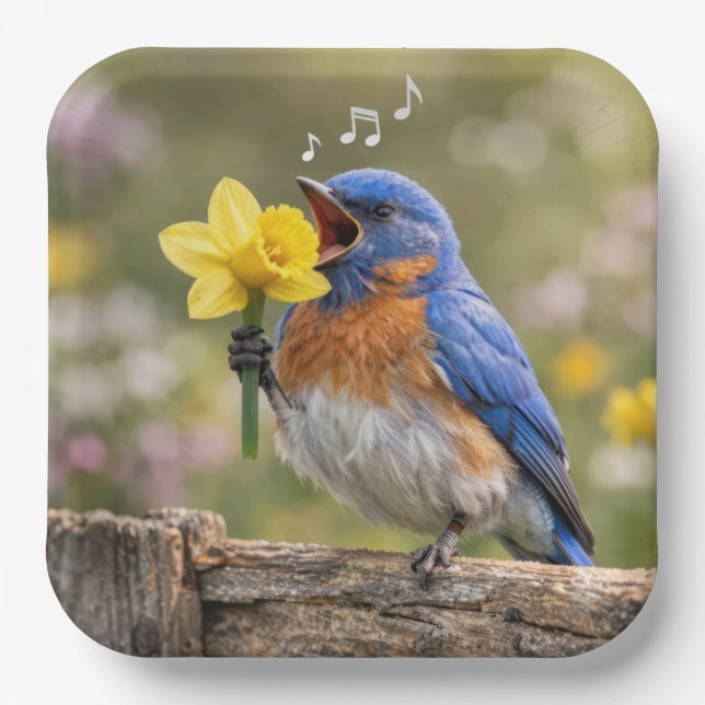 Bluebird Singing Into a Yellow Daffodil Pappteller (Vorderseite)