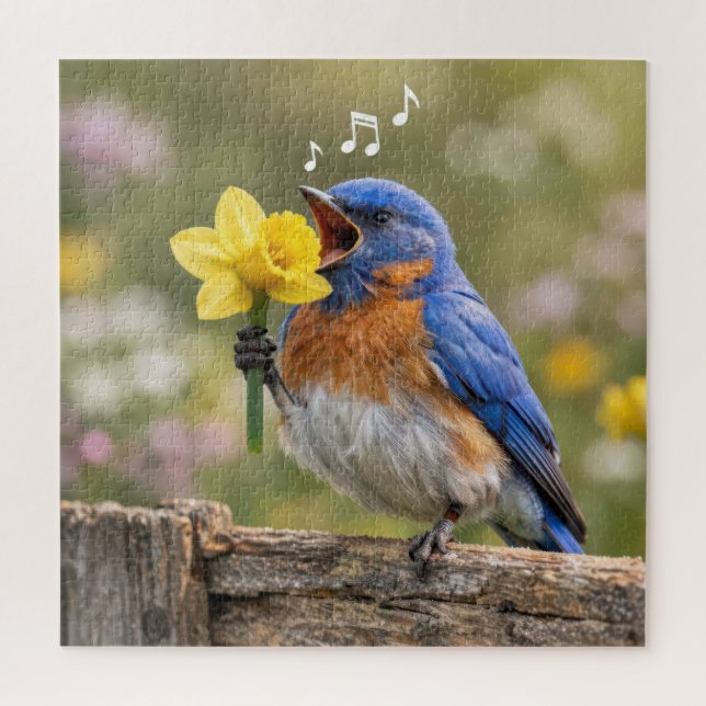 Bluebird Singing Into a Yellow Daffodil Puzzle (Vertikal)