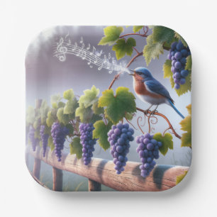 Bluebird singt auf einem Grapevine Pappteller