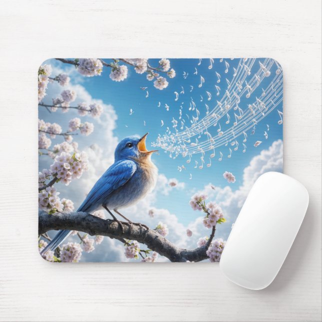 Bluebird singt auf einem Kirschbaumzweig Mousepad (Mit Mouse)