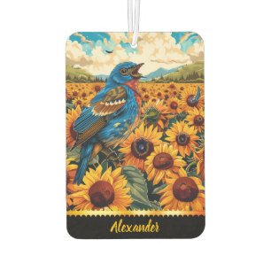 Bluebird singt bei Sonnenblumen im Morgengrauen Autolufterfrischer