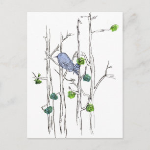 Bluebird Trees Pen und Tinte Zeichnend Natur Art Postkarte