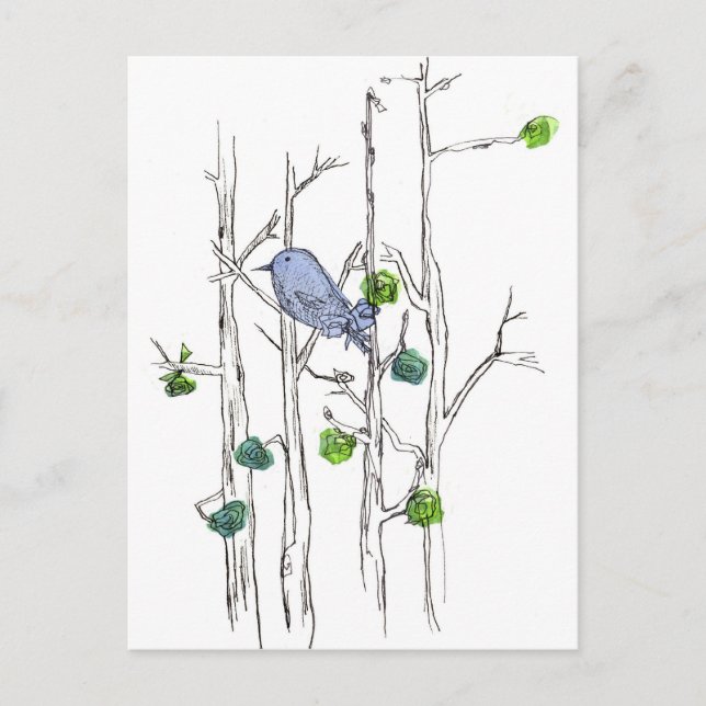 Bluebird Trees Pen und Tinte Zeichnend Natur Art Postkarte (Vorderseite)