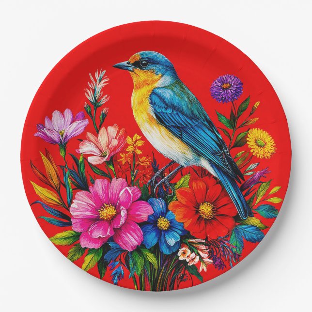 Bluebird unter farbenfrohen Frühlingsblumen Pappteller (Vorderseite)