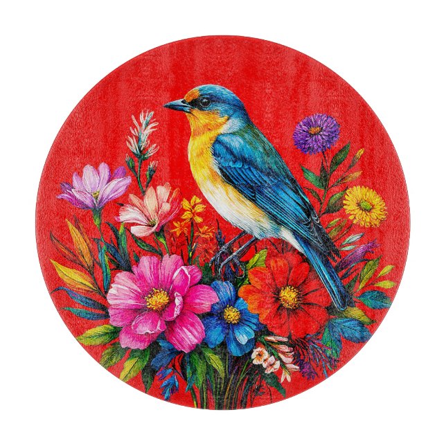 Bluebird unter farbenfrohen Frühlingsblumen Schneidebrett (Vorderseite)
