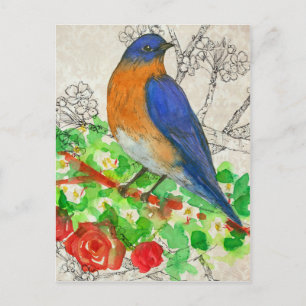 Bluebird Watercolor-Rote Rosen Collage Postkarte
