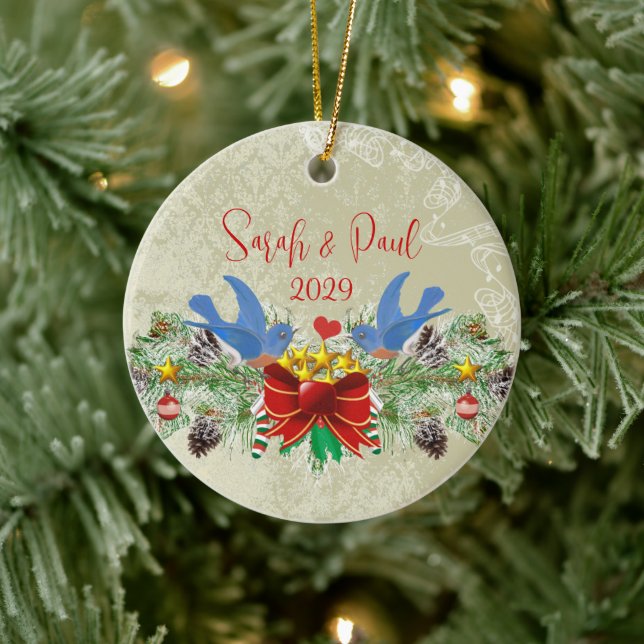 Bluebirds Garland Pinecones Weihnachten und Foto Keramikornament (Baum)