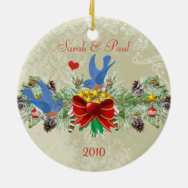 Bluebirds Garland Pinecones Weihnachten und Foto Keramikornament (Hinten)