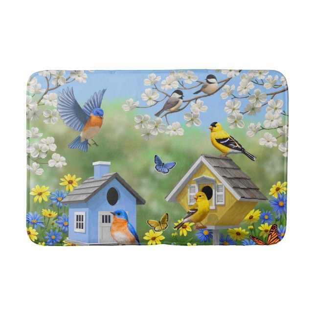 Bluebirds Goldfinches Birdhouses Blumengarten Badematte (Vorderseite)