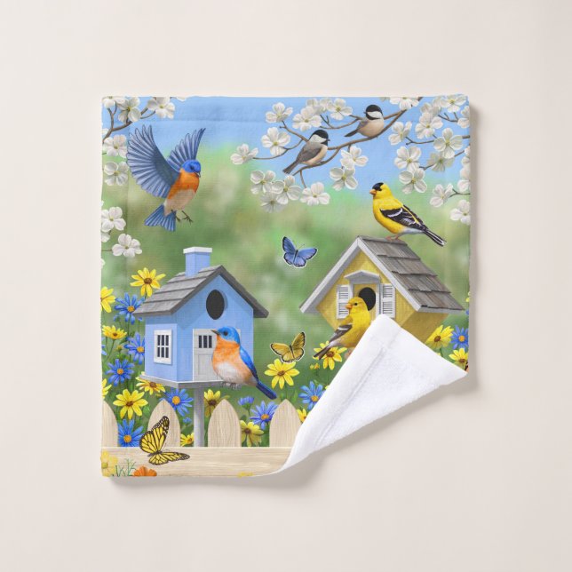 Bluebirds Goldfinches Birdhouses Blumengarten Badhandtuch Set (Waschlappen)