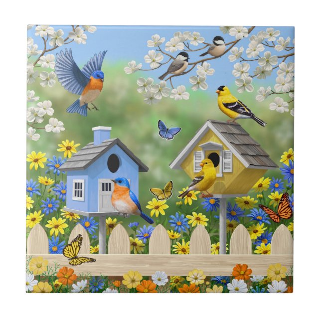 Bluebirds Goldfinches Birdhouses Blumengarten Fliese (Vorderseite)
