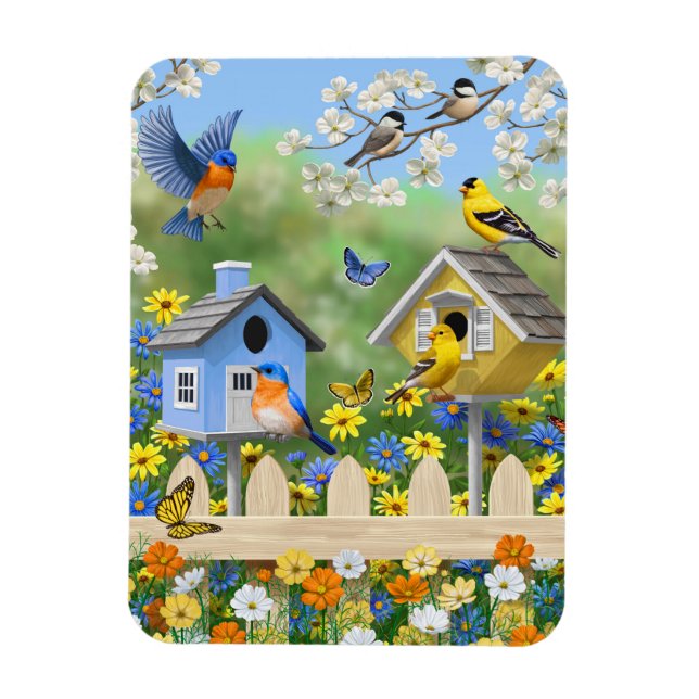 Bluebirds Goldfinches Birdhouses Blumengarten Magnet (Vertikal)
