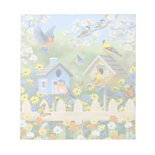 Bluebirds Goldfinches Birdhouses Blumengarten Notizblock