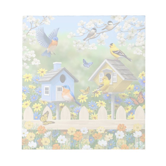 Bluebirds Goldfinches Birdhouses Blumengarten Notizblock (Vorderseite)