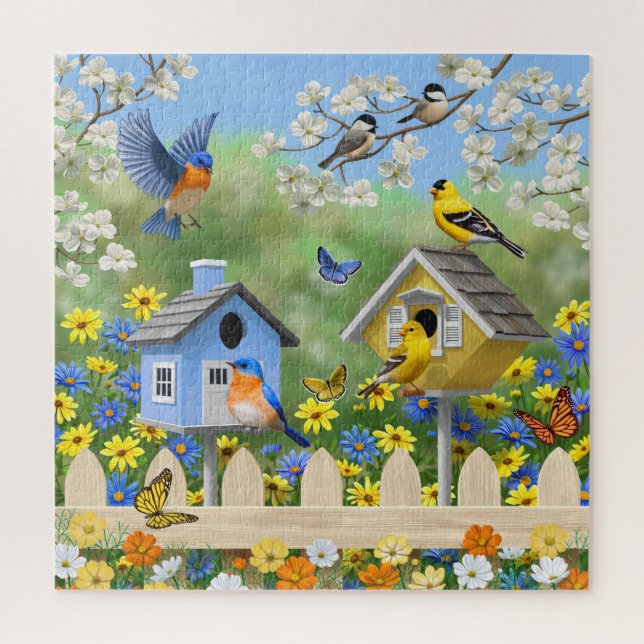 Bluebirds Goldfinches Birdhouses Blumengarten Puzzle (Vertikal)