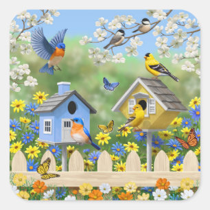 Bluebirds Goldfinches Birdhouses Blumengarten Quadratischer Aufkleber